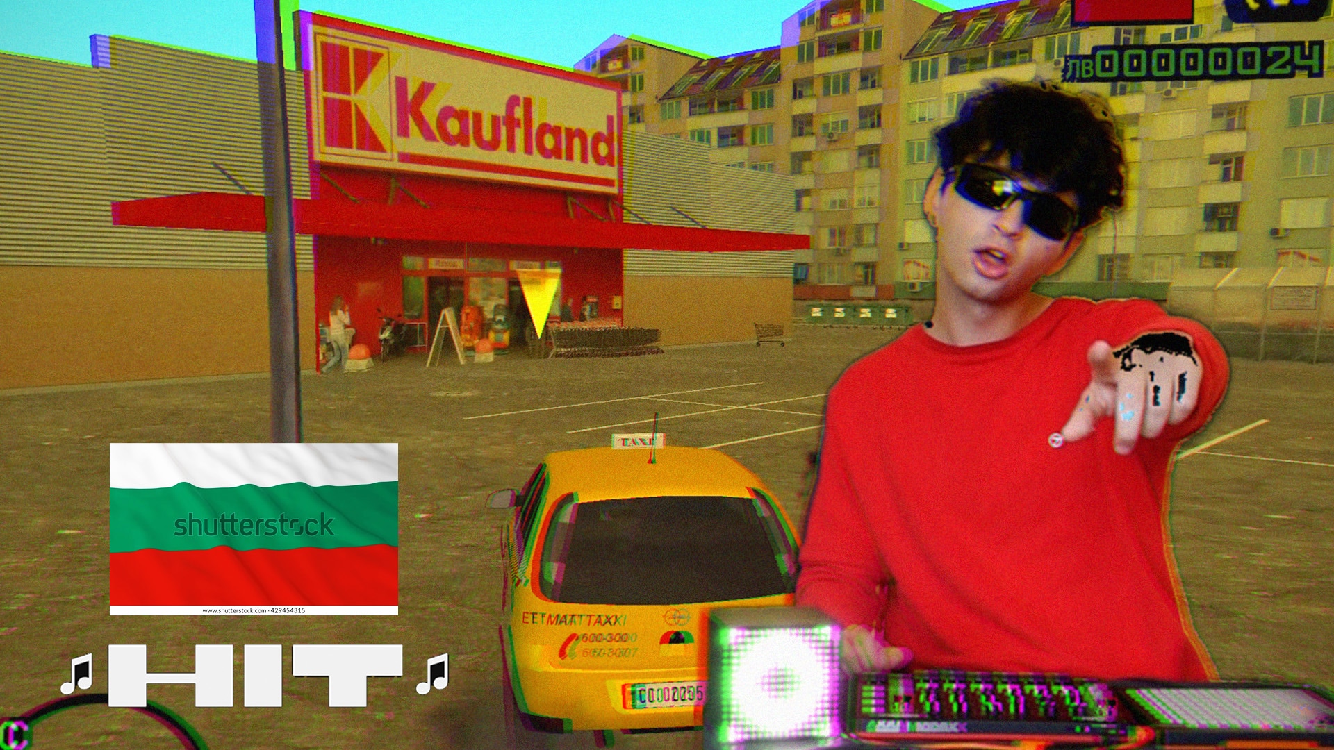 Kaloyan pointing at the camera with a green screen background of Kaufland from the lost GTA San Andreas mod GTA Sofia
